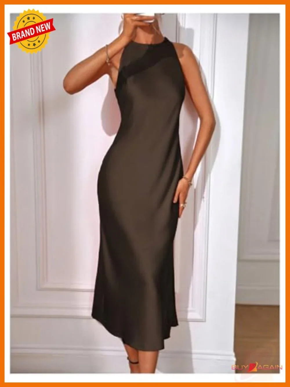 Women's Elegant Maxi Slit Cocktail Dress Sleeveless Crew Neck Button Back